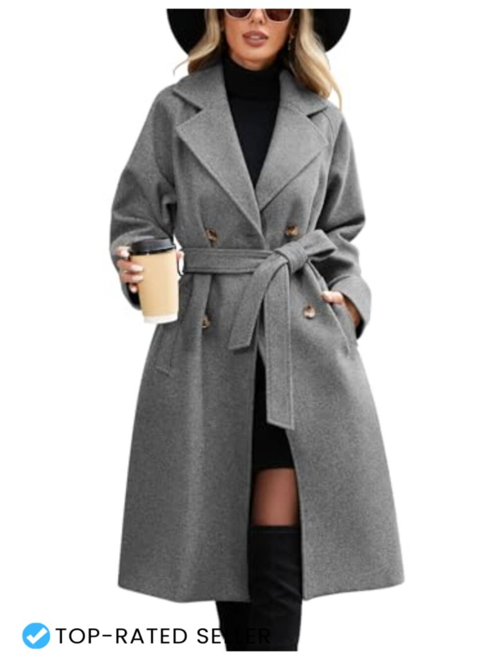Notch Lapel Double Breasted Long Pea Coat with Belt